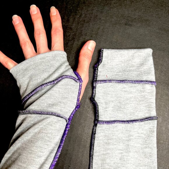 Gray Elbow Length Fingerless Gloves Purple Arm Warmers Thumb Holes Socks Texting - Picture 3 of 10